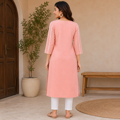 Women Peach Line & Mirror Work Cotton Kurti
