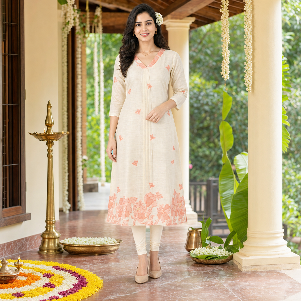 Jamdani Cotton A-Line Kurti with Peach Floral Print