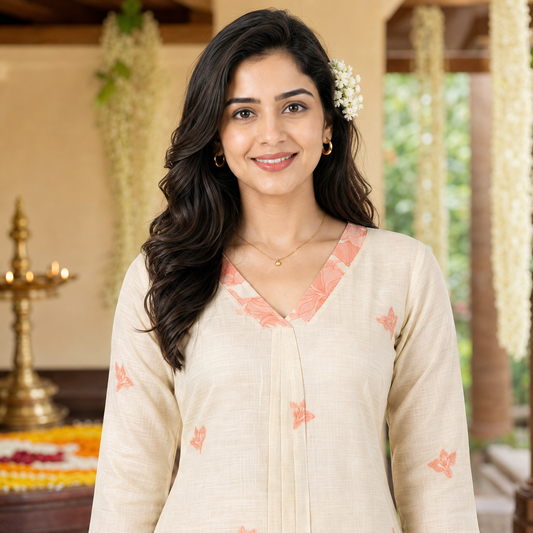 Jamdani Cotton A-Line Kurti with Peach Floral Print