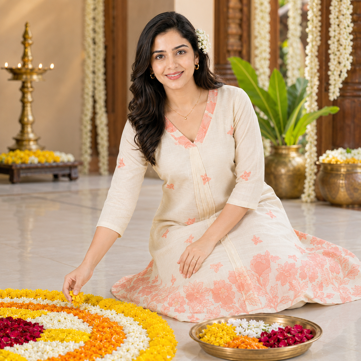 Jamdani Cotton A-Line Kurti with Peach Floral Print