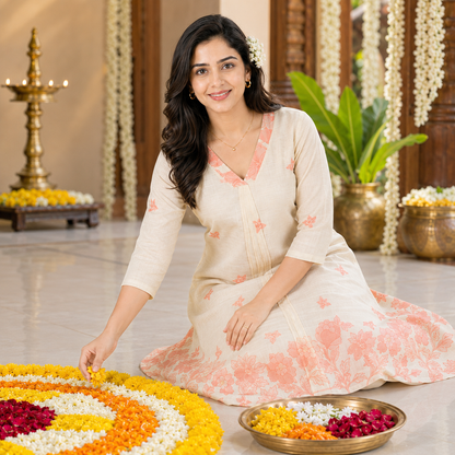Jamdani Cotton A-Line Kurti with Peach Floral Print