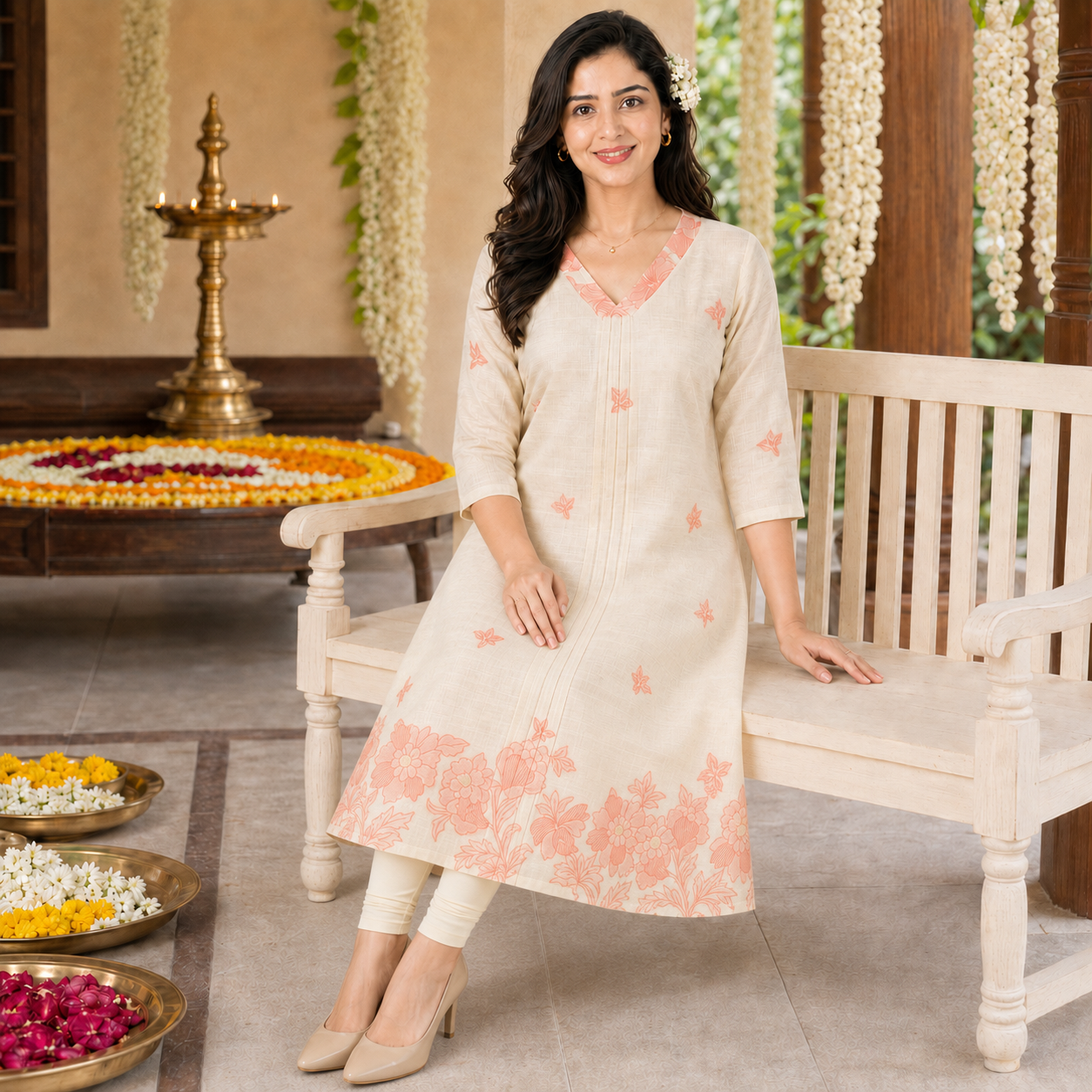Jamdani Cotton A-Line Kurti with Peach Floral Print