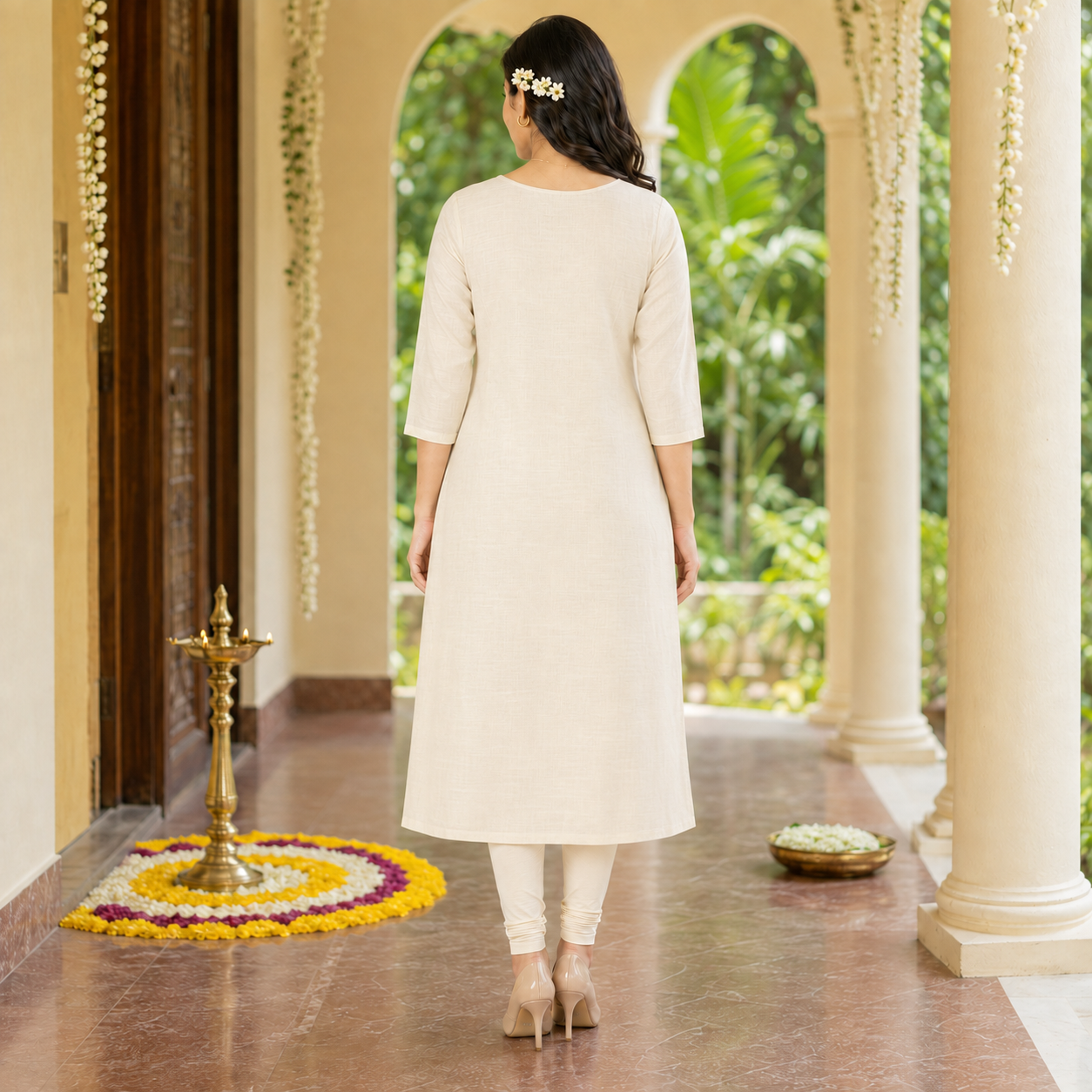 Jamdani Cotton A-Line Kurti with Peach Floral Print