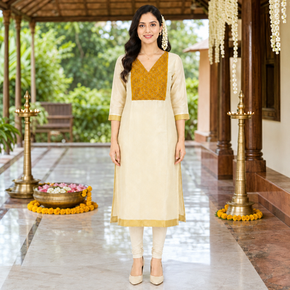 Tissue Silk Kurti with Golden Orange Cut Beads Work