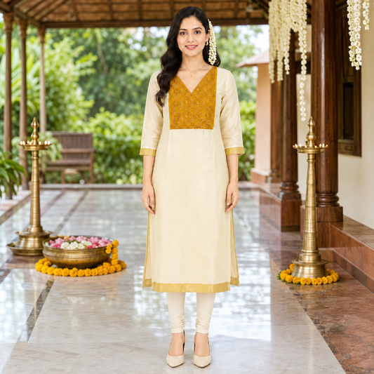 Tissue Silk Kurti with Golden Orange Cut Beads Work