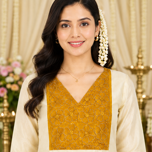 Tissue Silk Kurti with Golden Orange Cut Beads Work