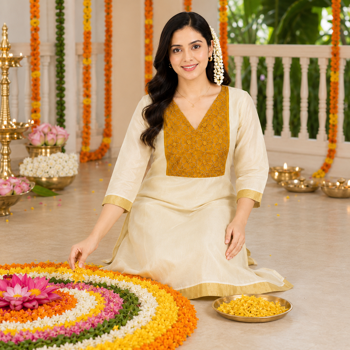 Tissue Silk Kurti with Golden Orange Cut Beads Work