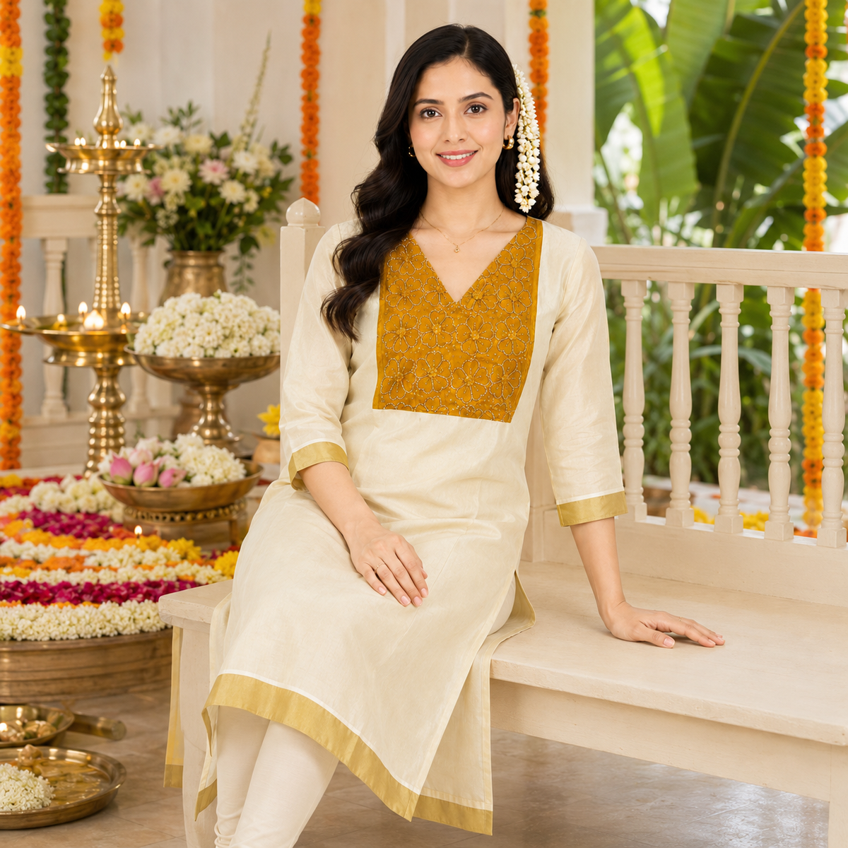 Tissue Silk Kurti with Golden Orange Cut Beads Work