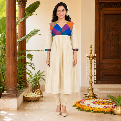 Tissue Silk A-Line Kurti with Madras Check Yoke