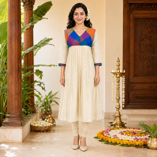 Tissue Silk A-Line Kurti with Madras Check Yoke