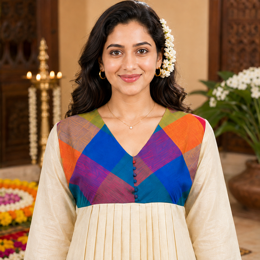 Tissue Silk A-Line Kurti with Madras Check Yoke