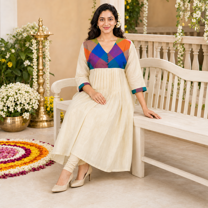Tissue Silk A-Line Kurti with Madras Check Yoke