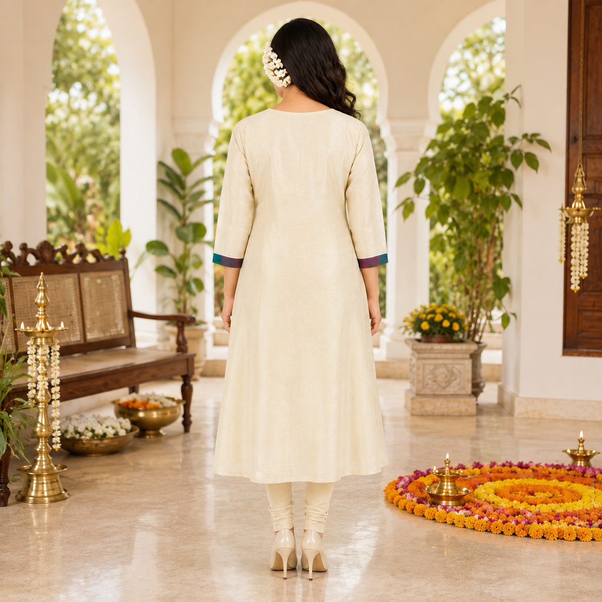 Tissue Silk A-Line Kurti with Madras Check Yoke