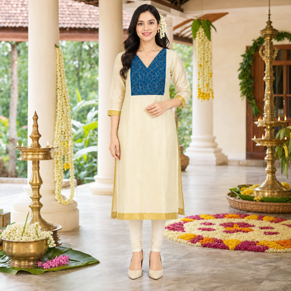 Tissue Silk Kurti with Teal Blue Cut Beads Work