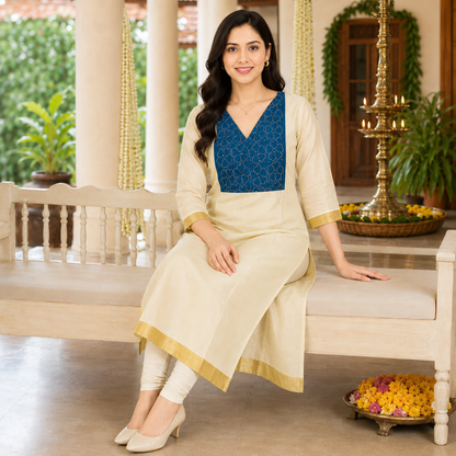 Tissue Silk Kurti with Teal Blue Cut Beads Work