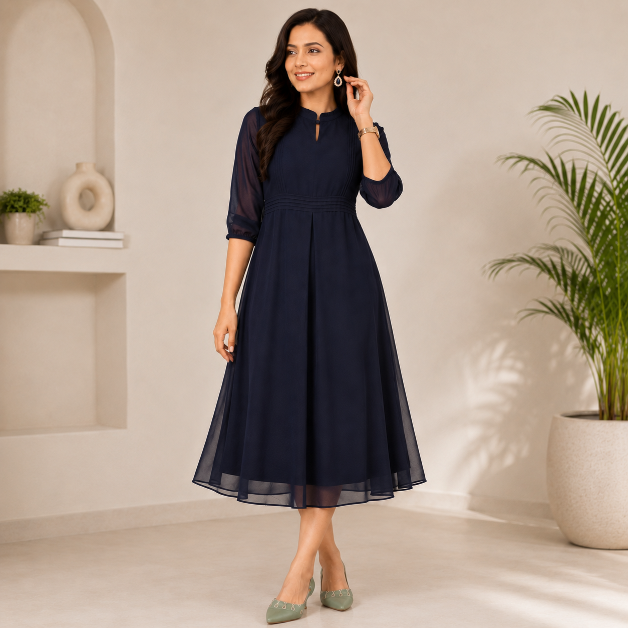 Navy Blue Georgette A-Line Dress with Keyhole Neck