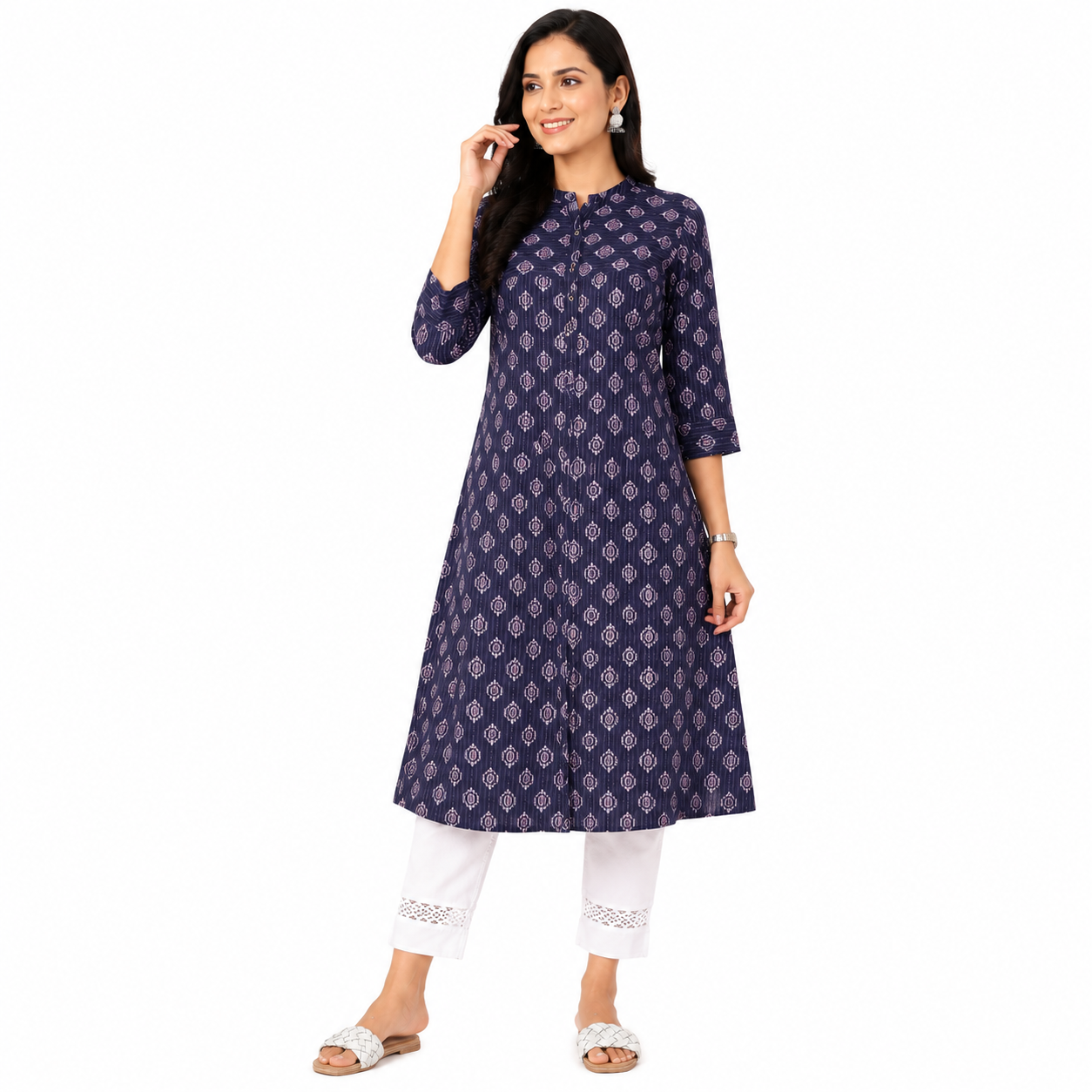 Navy Blue Printed Cotton Kurti