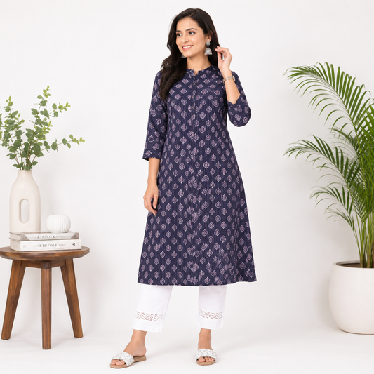 Navy Blue Printed Cotton Kurti