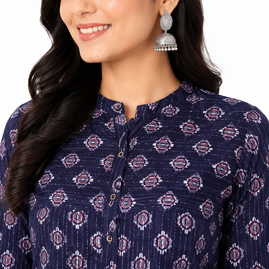 Navy Blue Printed Cotton Kurti
