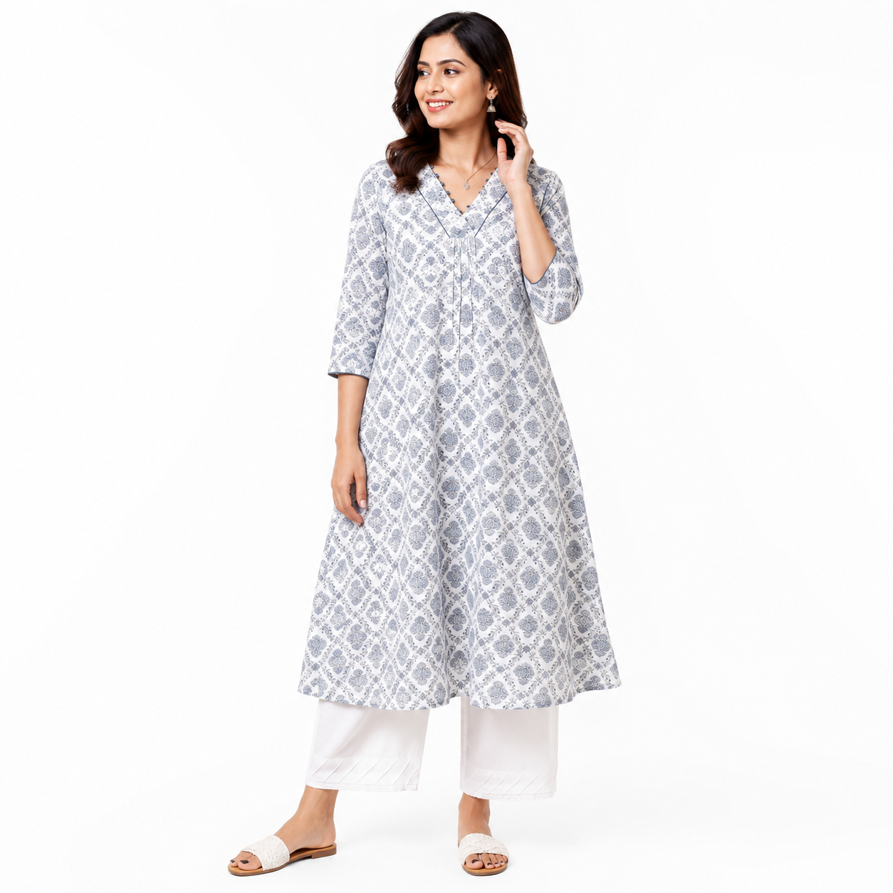 Off White & Blue Printed Cotton Rayon A-Line Kurti