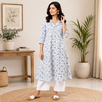 Off White & Blue Printed Cotton Rayon A-Line Kurti