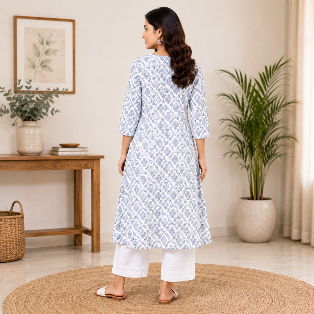 Off White & Blue Printed Cotton Rayon A-Line Kurti