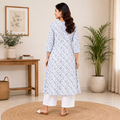 Off White & Blue Printed Cotton Rayon A-Line Kurti