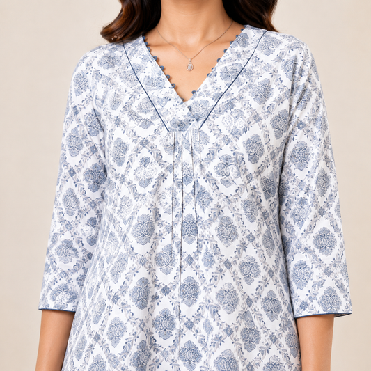 Off White & Blue Printed Cotton Rayon A-Line Kurti