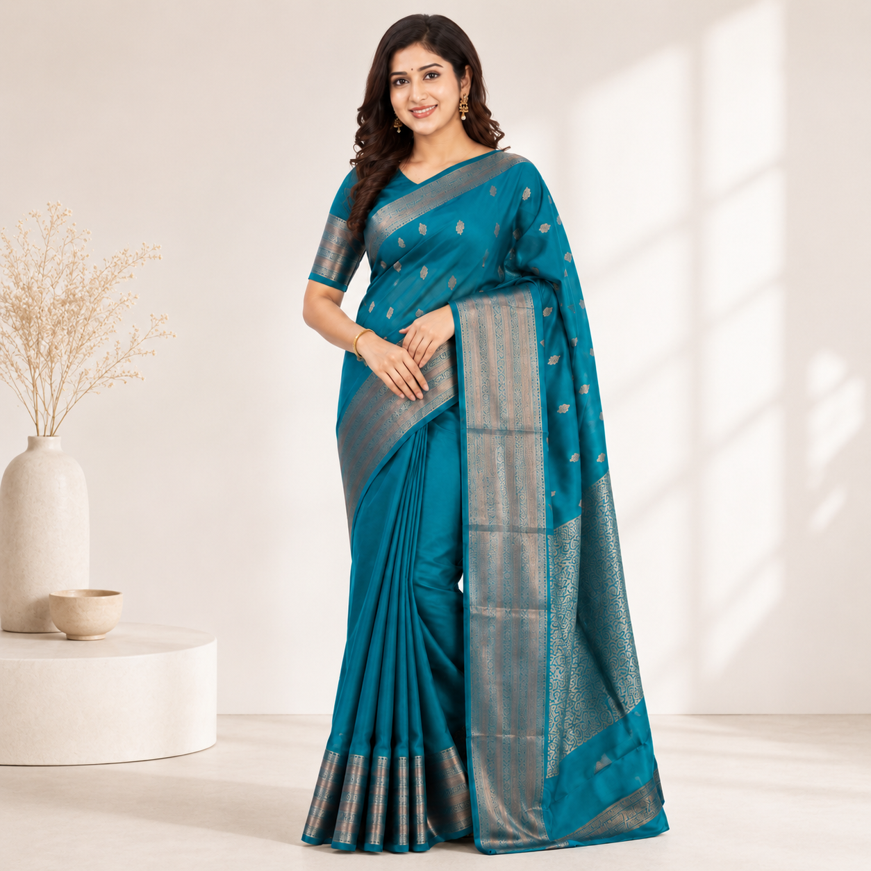 Peacock Blue Jacquard Work Soft Lichi Silk Saree