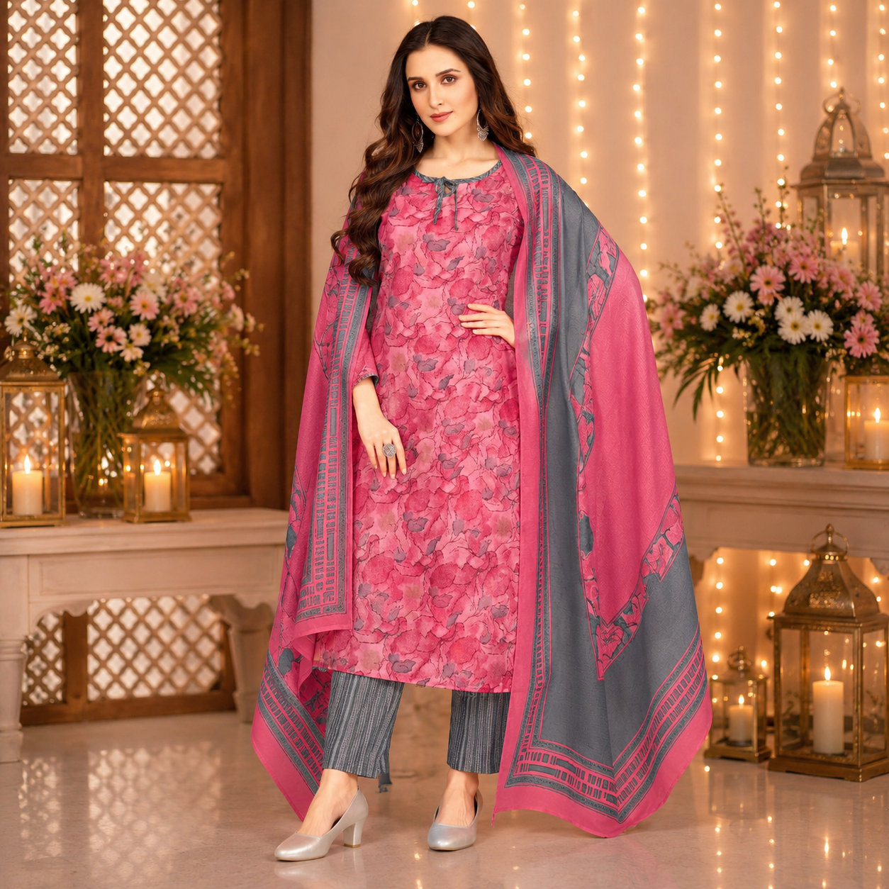 Pink Floral Printed Pure Cotton Kurta Set with Dupatta