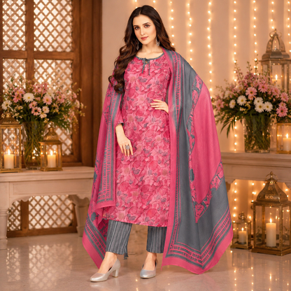 Pink Floral Printed Pure Cotton Kurta Set with Dupatta