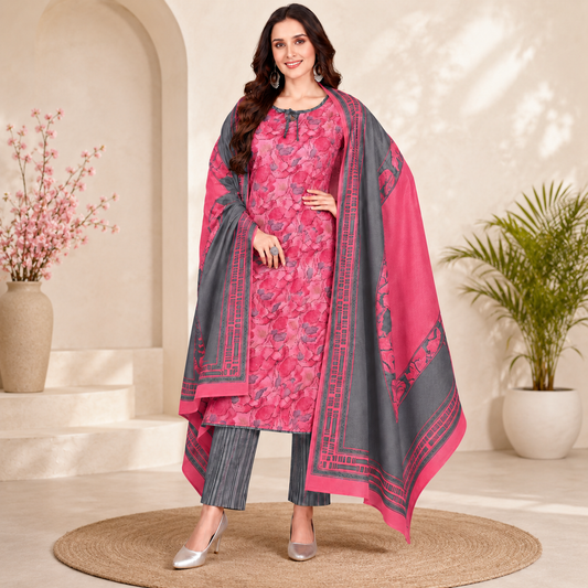 Pink Floral Printed Pure Cotton Kurta Set with Dupatta