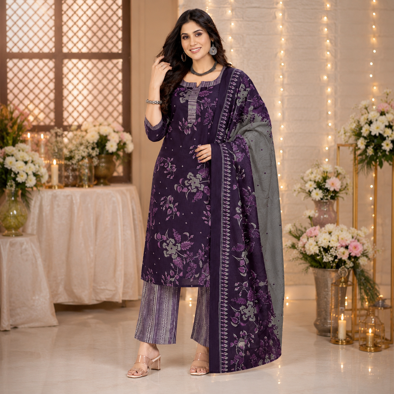 Purple Grey Floral Printed Pure Cotton Kurta Set with Dupatta