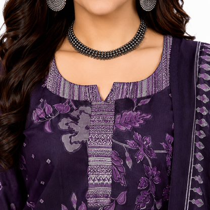 Purple Grey Floral Printed Pure Cotton Kurta Set with Dupatta