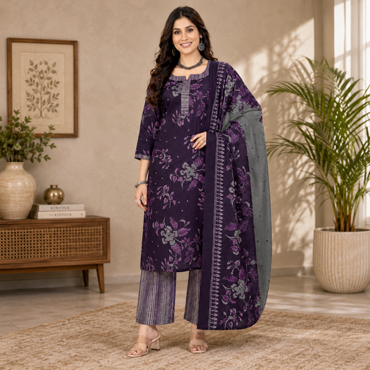 Purple Grey Floral Printed Pure Cotton Kurta Set with Dupatta