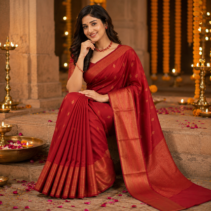 Ruby Red Jacquard Work Soft Lichi Silk Saree
