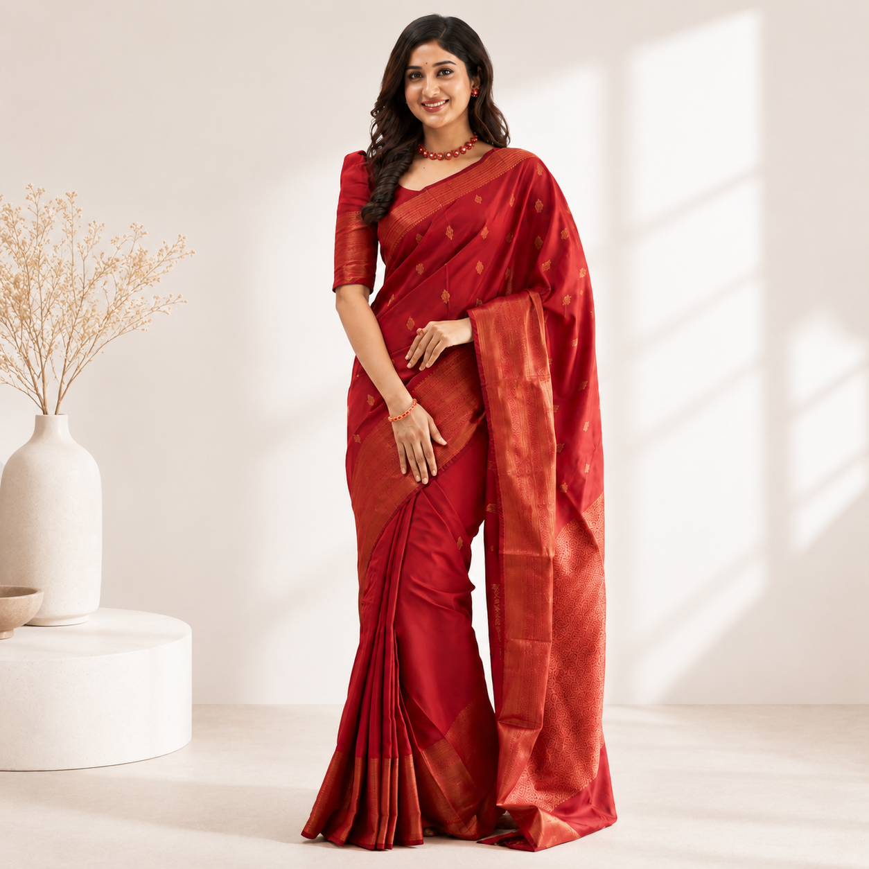 Ruby Red Jacquard Work Soft Lichi Silk Saree