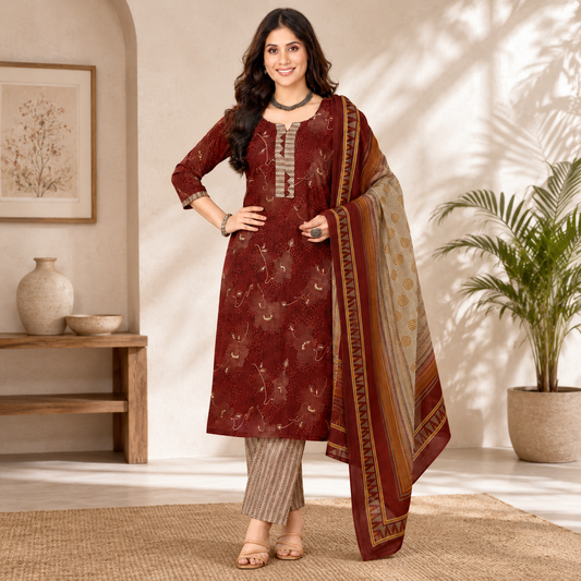 Rust Maroon Floral Printed Pure Cotton Kurta Set with Dupatta