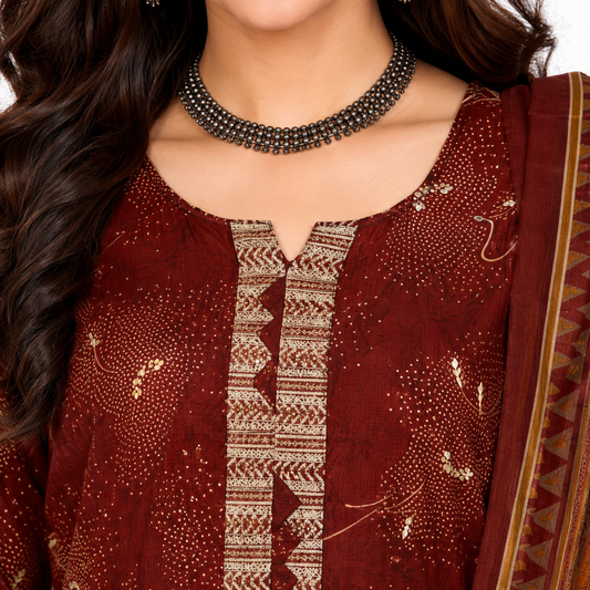 Rust Maroon Floral Printed Pure Cotton Kurta Set with Dupatta
