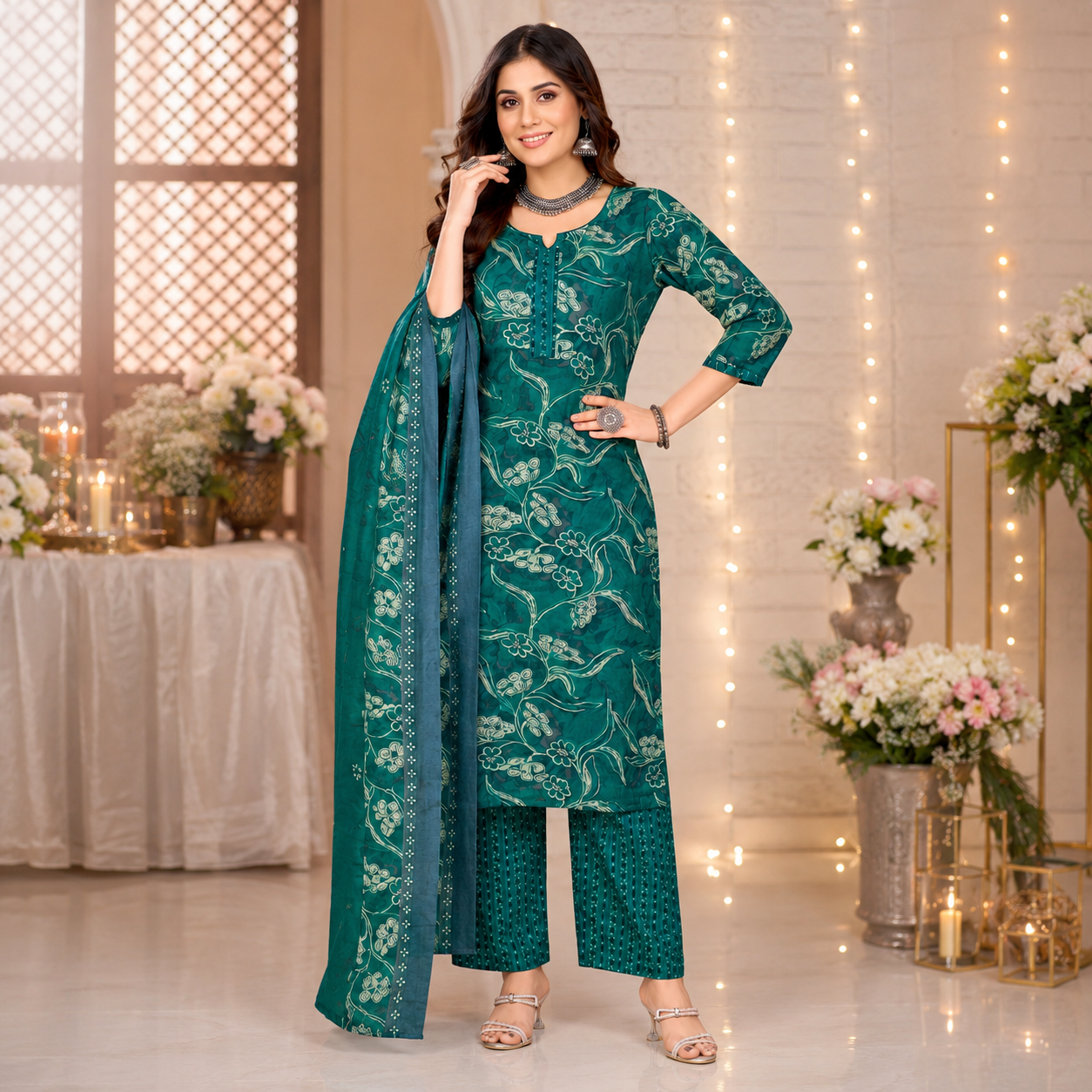 Teal Green Floral Printed Pure Cotton Kurta Set with Dupatta