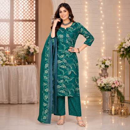 Teal Green Floral Printed Pure Cotton Kurta Set with Dupatta