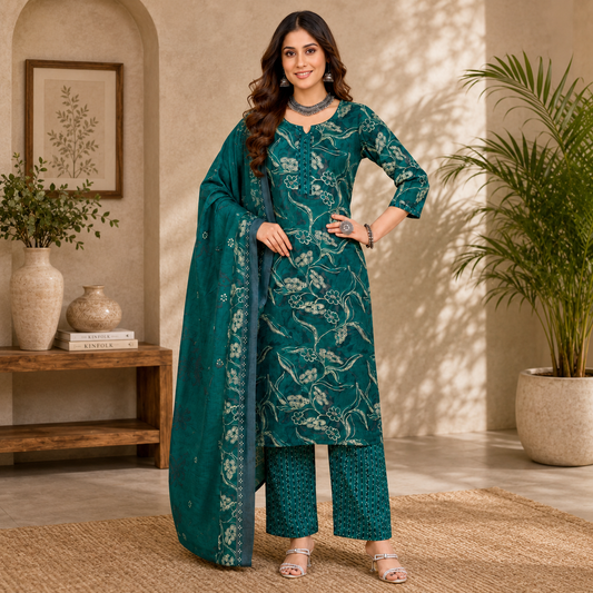 Teal Green Floral Printed Pure Cotton Kurta Set with Dupatta