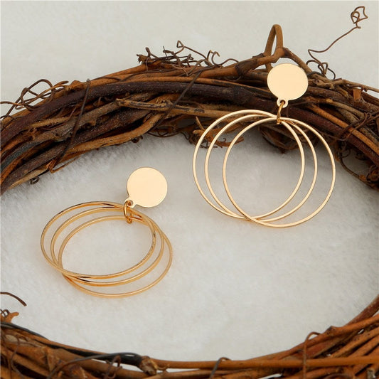 Gold Plated Three Geometrical Ring Shape Drop Earring