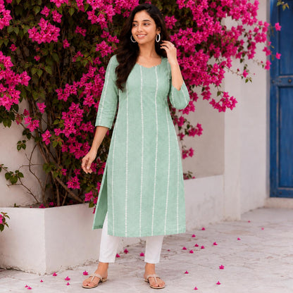 Women Pastel Green Line & Mirror Work Cotton Kurti