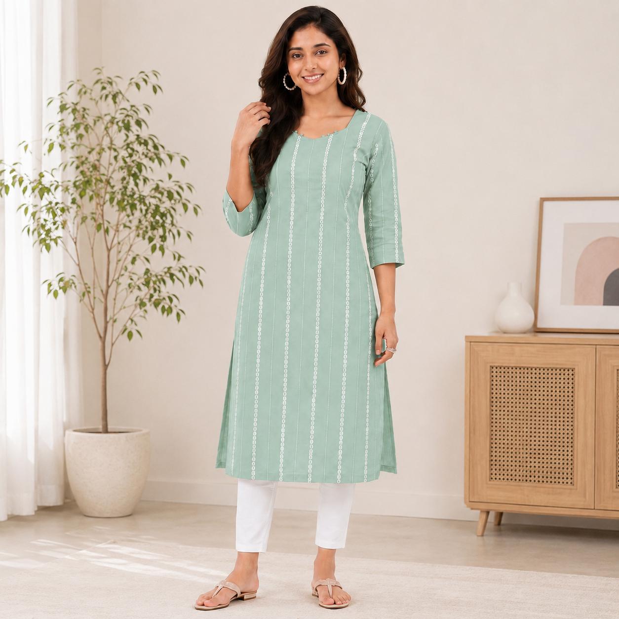 Women Pastel Green Line & Mirror Work Cotton Kurti