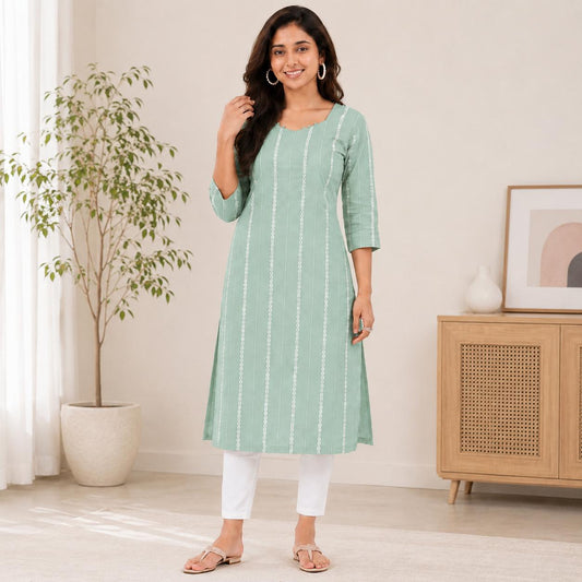 Women Pastel Green Line & Mirror Work Cotton Kurti