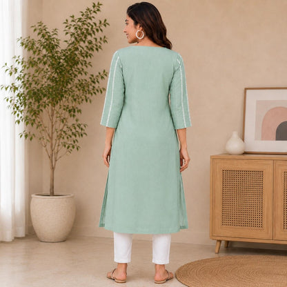 Women Pastel Green Line & Mirror Work Cotton Kurti