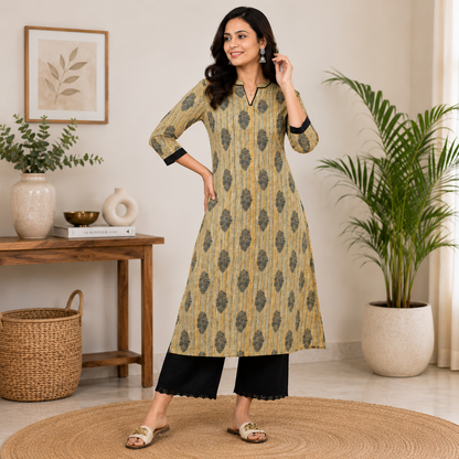 Yellow Block Printed A-Line Cotton Kurti