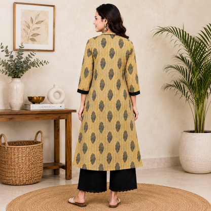 Yellow Block Printed A-Line Cotton Kurti