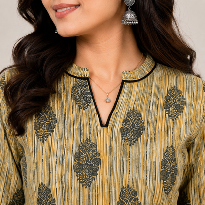 Yellow Block Printed A-Line Cotton Kurti